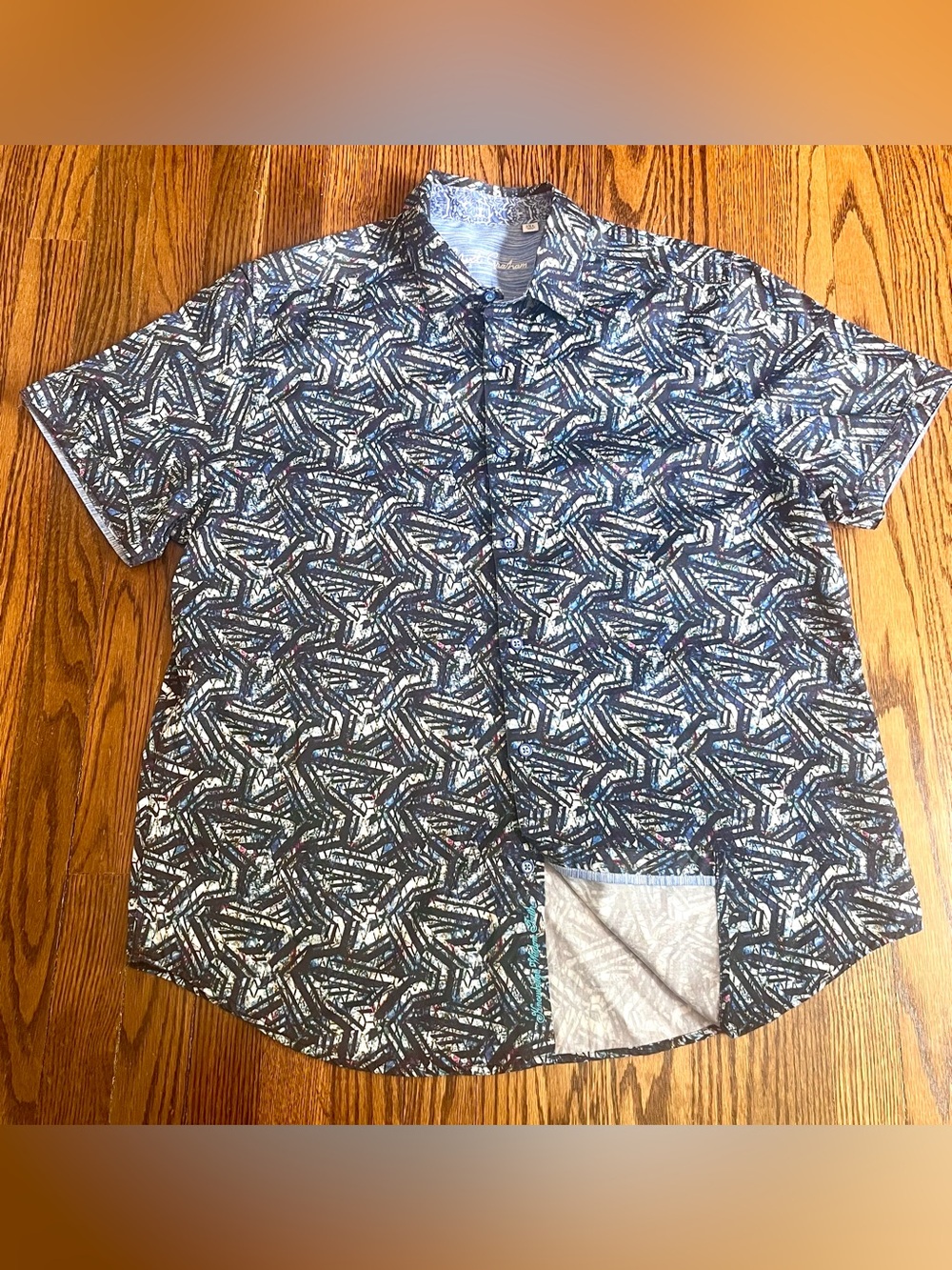 Robert Graham Classic Fit Short Sleeve Button Down Shirt Blue Geometric Mens 2XL